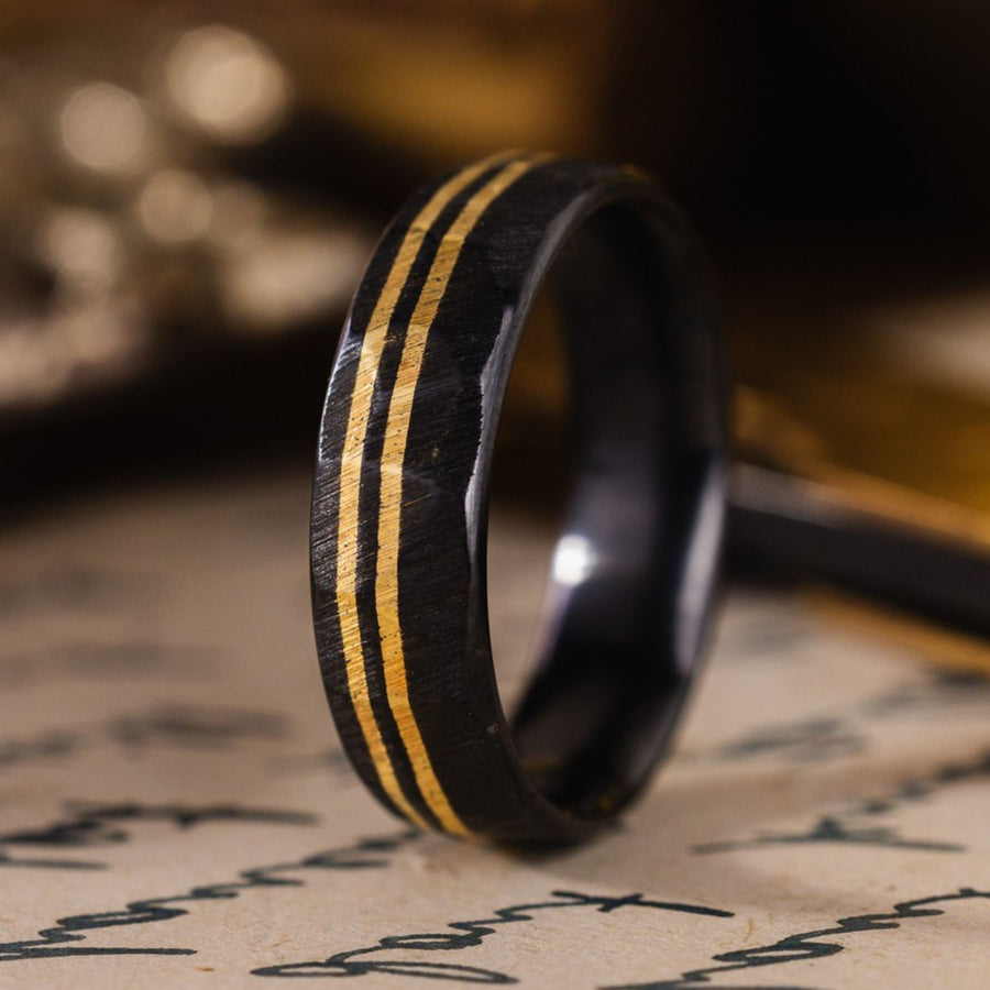 in-stock-the-apollo-titan-noir-mens-hammered-black-titanium-wedding-band-with-dual-offset-14k-yellow-gold-inlays-size-8-6mm-wide