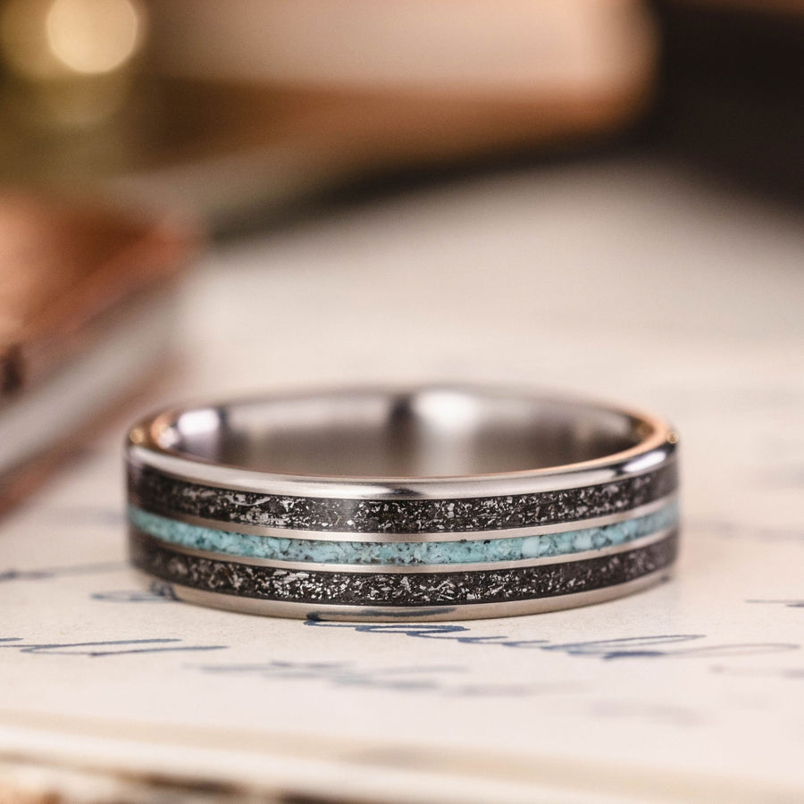 in-stock-the-black-sky-silver-flakes-meteorite-dust-turquoise-titanium-rustic-and-main :: Shown in 6mm Wide | Titanium