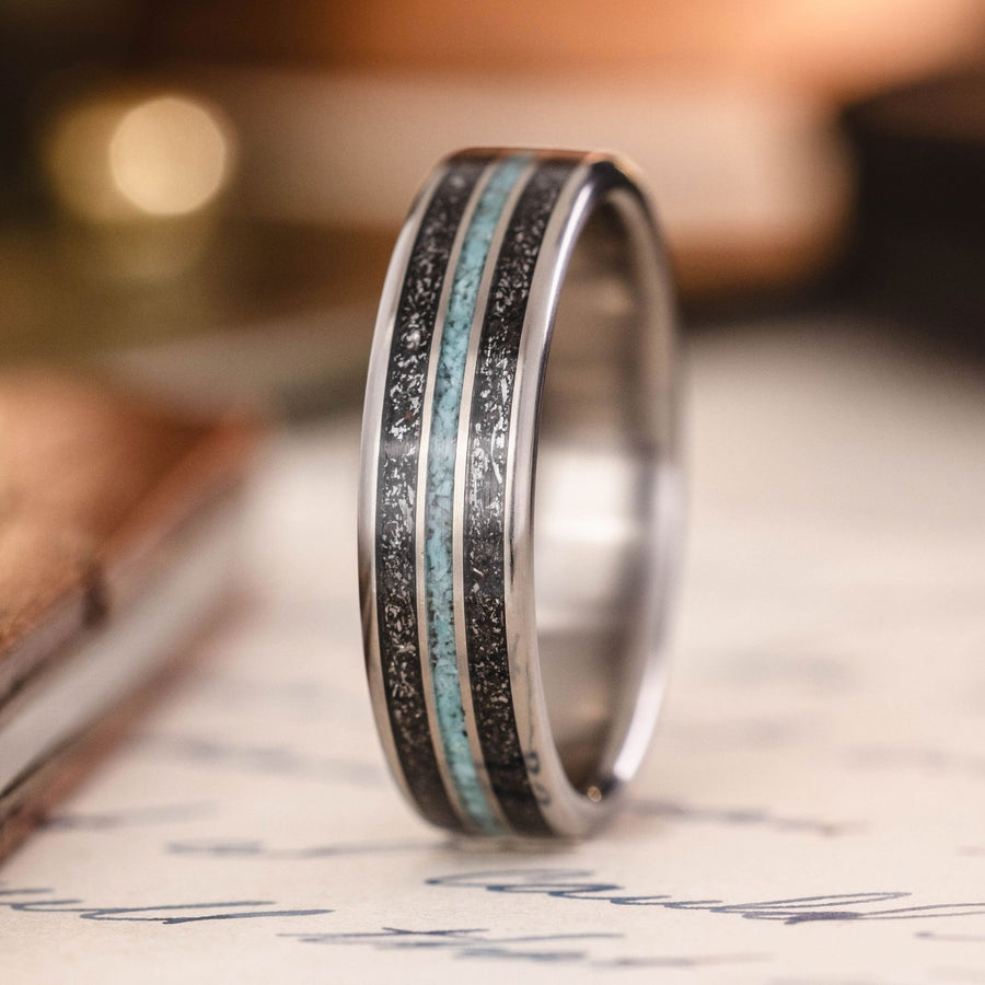 in-stock-the-black-sky-silver-flakes-meteorite-dust-turquoise-titanium-rustic-and-main :: Shown in 6mm Wide | Titanium