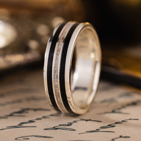 in-stock-the-frontiersman-in-silver-mens-silver-wedding-band-with-whiskey-barrel-wood-elk-antler-size-10-25-7mm-wide