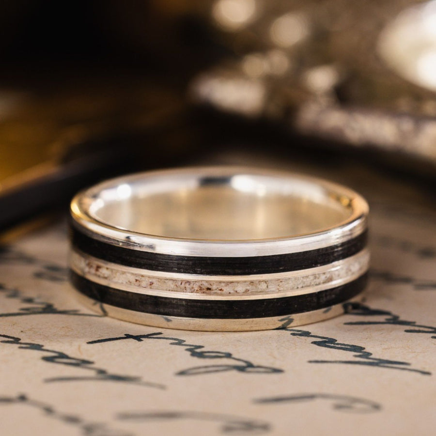 in-stock-the-frontiersman-in-silver-mens-silver-wedding-band-with-whiskey-barrel-wood-elk-antler-size-10-25-7mm-wide