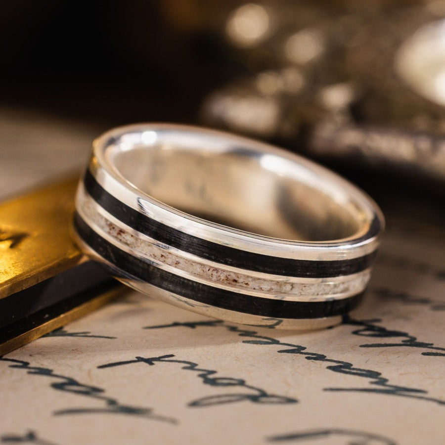 in-stock-the-frontiersman-in-silver-mens-silver-wedding-band-with-whiskey-barrel-wood-elk-antler-size-10-25-7mm-wide