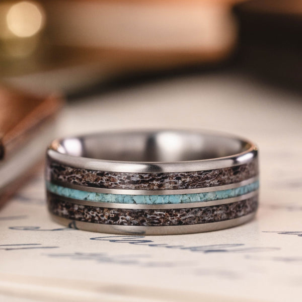 The Huntsman Men's Wedding Band Titanium Elk Antler, Turquoise Inlays Rustic and Main :: Shown in Titanium | 8mm Wide | Dark Antler