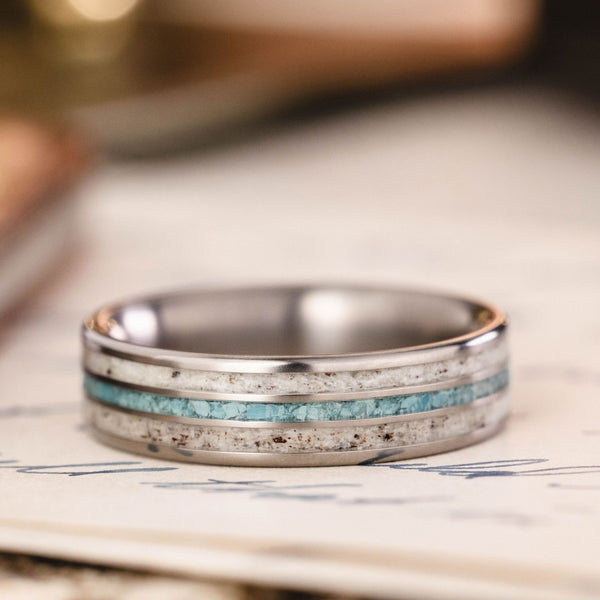 The Huntsman Men's Wedding Band Titanium Elk Antler, Turquoise Inlays Rustic and Main :: Shown in Titanium | 6mm Wide | Medium Antler