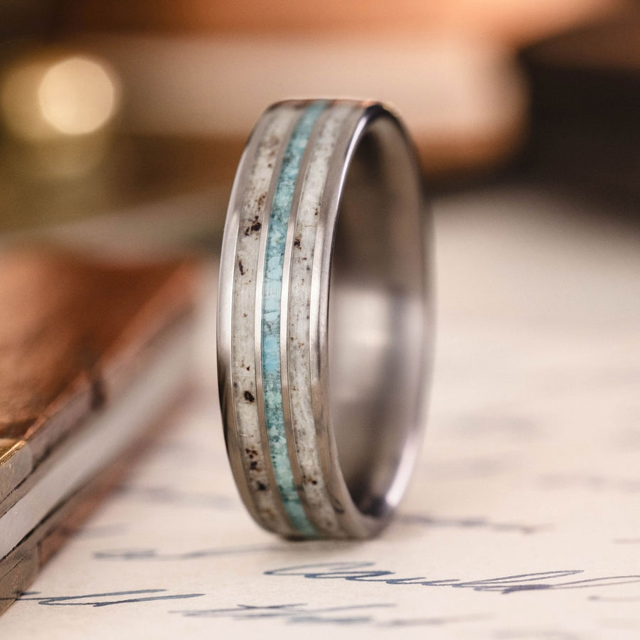 The Huntsman Men's Wedding Band Titanium Elk Antler, Turquoise Inlays Rustic and Main :: Shown in Titanium | 6mm Wide | Medium Antler