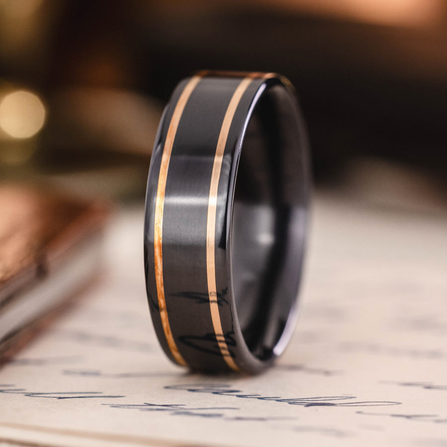 ::Shown in 8mm Wide | Black Titanium | 14K Rose Gold Inlays