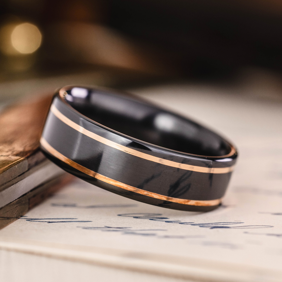 ::Shown in 8mm Wide | Black Titanium | 14K Rose Gold Inlays
