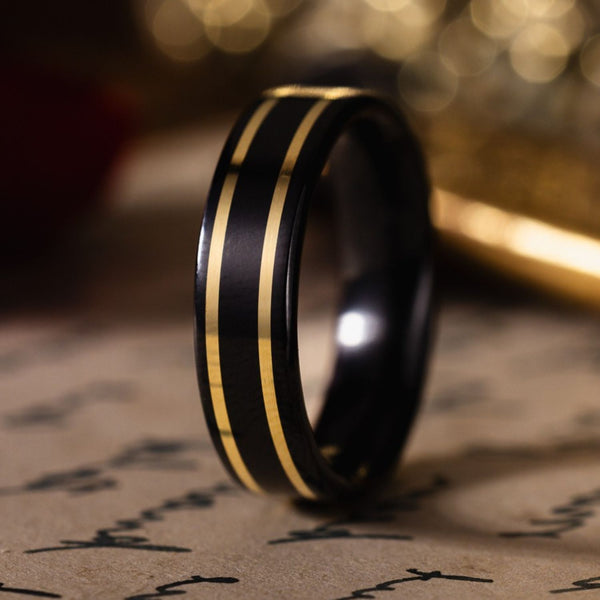 in-stock-the-renegade-noir-mens-black-titanium-wedding-band-dual-outer-14k-yellow-gold-inlays-size-8-5-6mm-wide