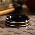 in-stock-the-renegade-noir-mens-black-titanium-wedding-band-dual-outer-14k-yellow-gold-inlays-size-8-5-6mm-wide