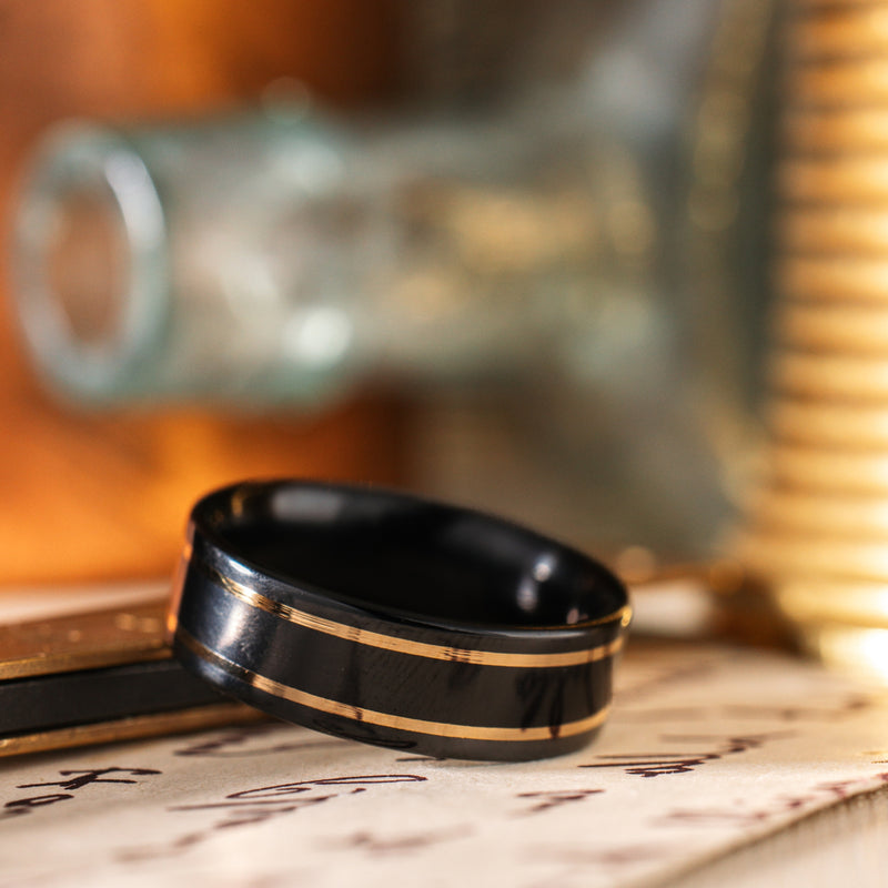 in-stock-the-renegade-noir-mens-black-titanium-wedding-band-dual-yellow-gold-inlays-size-12-5-8mm-wide