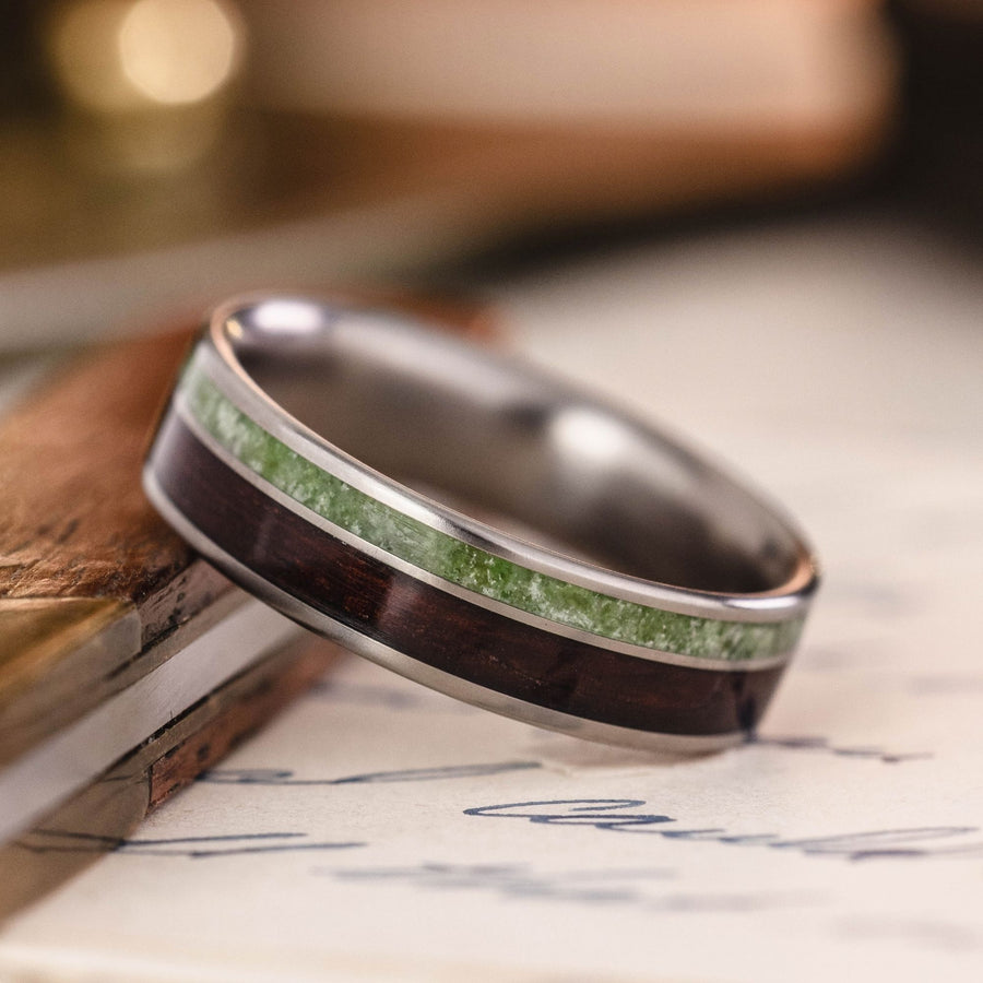The-Sage-Mens-Titanium-Wedding-Band-Rosewood-Green-Imperial-Diopside :: Shown in 6mm Wide | Titanium