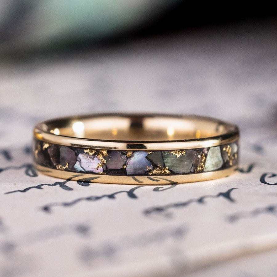 in-stock-the-tempest-womens-gold-black-mother-of-pearl-ring-with-gold-flakes-size-7-4mm-wide