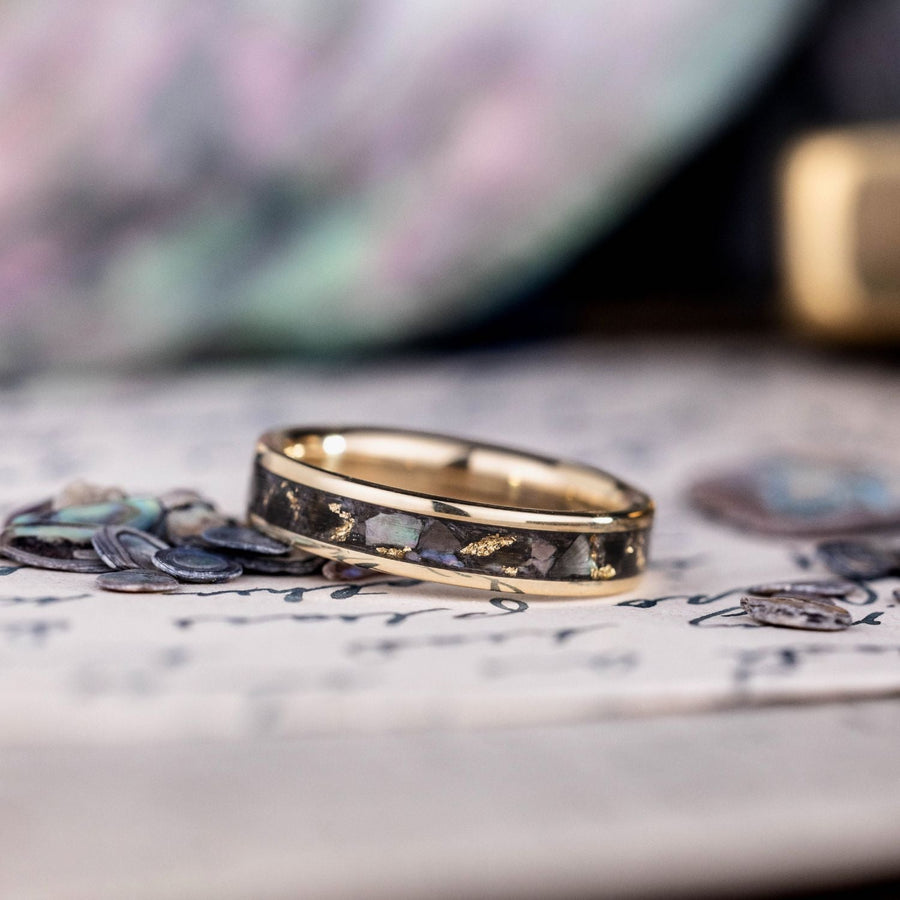 in-stock-the-tempest-womens-gold-black-mother-of-pearl-ring-with-gold-flakes-size-7-4mm-wide