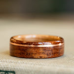 (In-Stock) Iroko Teak Wood Ring with Natural Whiskey Barrel Liner & Offset Copper Inlay - size 9.5 | 8mm wide