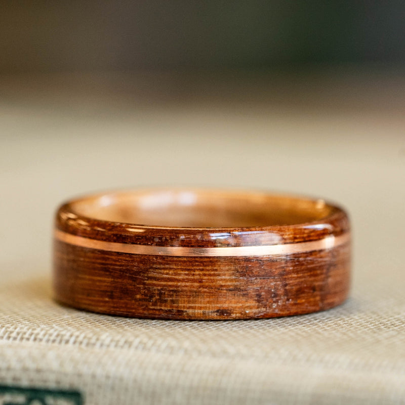 (In-Stock) Iroko Teak Wood Ring with Natural Whiskey Barrel Liner & Offset Copper Inlay - size 9.5 | 8mm wide