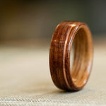 (In-Stock) Iroko Teak Wood Ring with Natural Whiskey Barrel Liner & Offset Copper Inlay - size 9.5 | 8mm wide