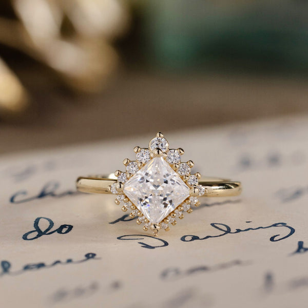 The Arden | Art-Deco-Inspired Kite Set Princess Cut Diamond Engagement Ring with Diamond Halo