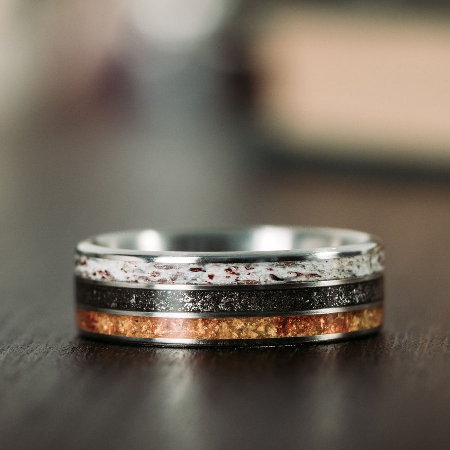 last-frontier-titanium-wedding-band-elk-antler-meteorite-amber
