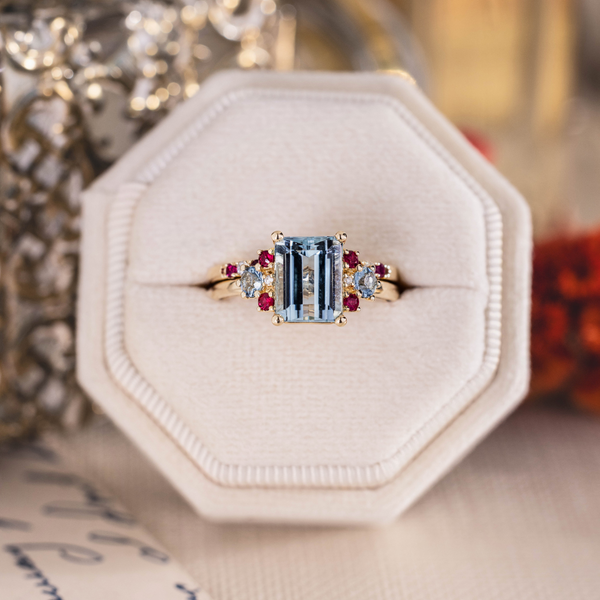 The Maris & Ava | Emerald-Cut Aquamarine, Ruby & Diamond Bridal Set