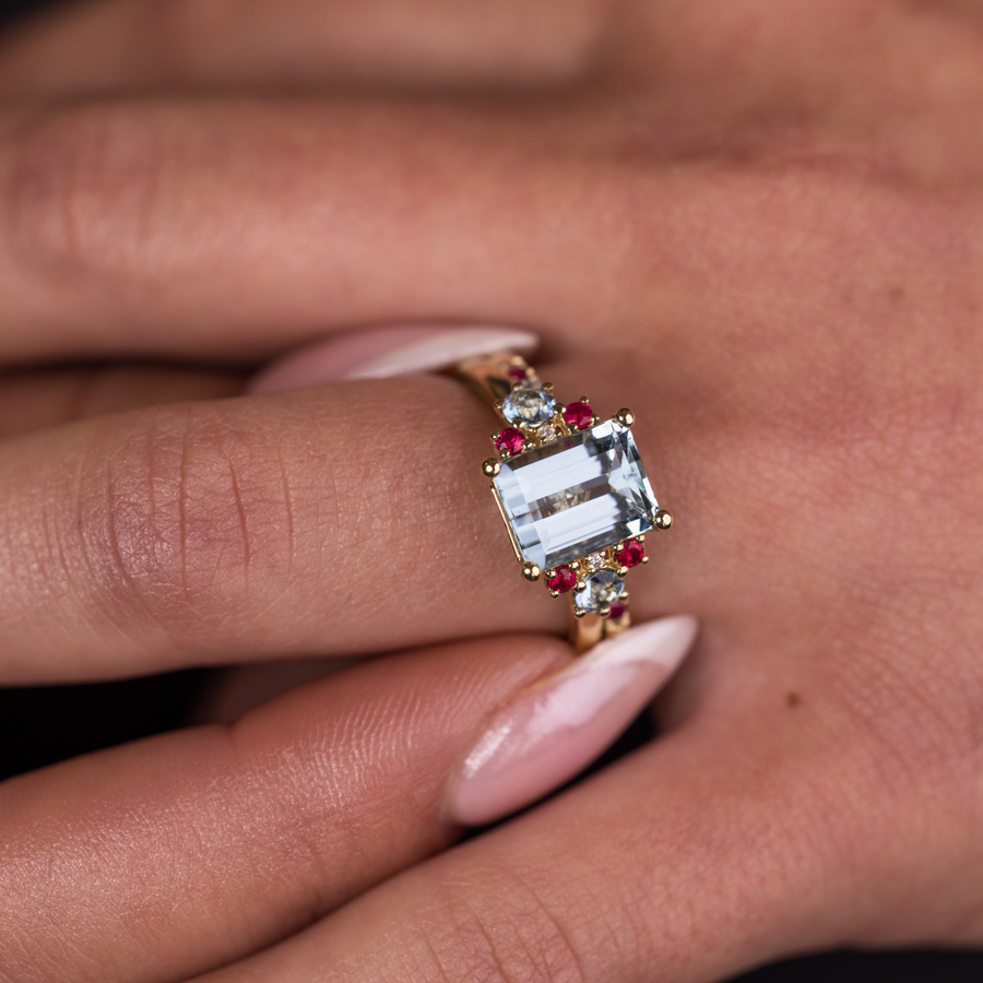 The Maris & Ava | Emerald-Cut Aquamarine, Ruby & Diamond Bridal Set