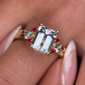 The Maris & Ava | Emerald-Cut Aquamarine, Ruby & Diamond Bridal Set