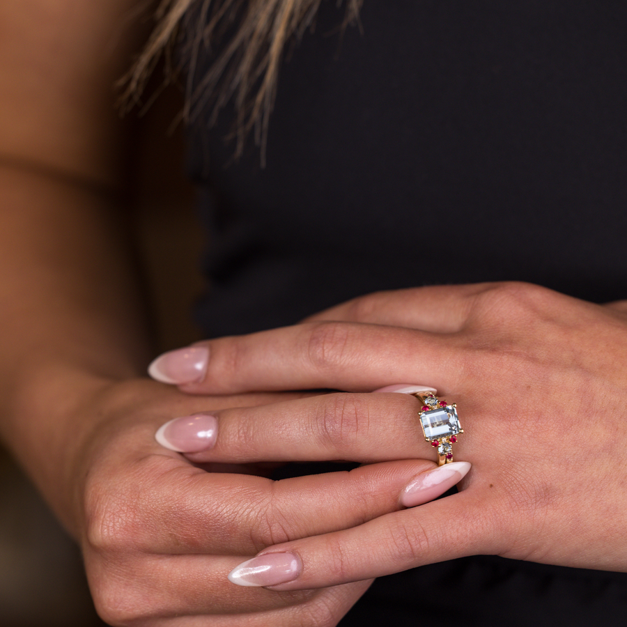 The Maris & Ava | Emerald-Cut Aquamarine, Ruby & Diamond Bridal Set