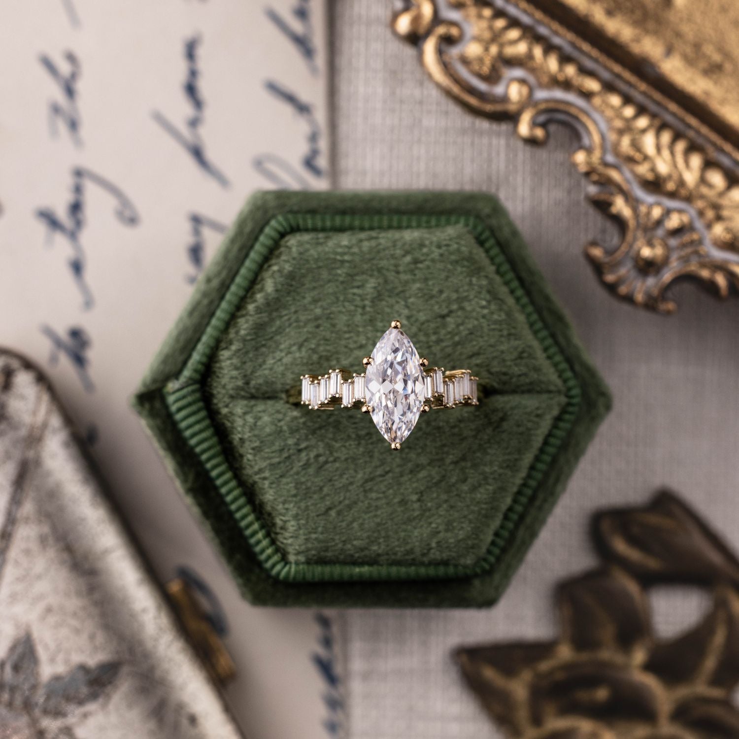Marquise Diamond Engagement Ring with Baguette Diamond Accents
