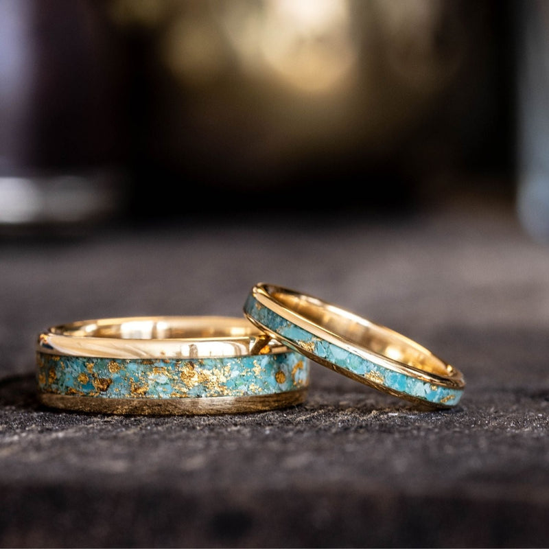 Turquoise And Gold Wedding Rings Abstract Lab Created Turquoise