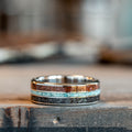 The Solstice | Men's Gold Wedding Band with Meteorite, Dinosaur Bone & Turquoise