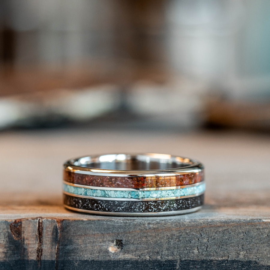 The Solstice | Men's Gold Wedding Band with Meteorite, Dinosaur Bone & Turquoise