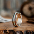 The Solstice | Men's Gold Wedding Band with Meteorite, Dinosaur Bone & Turquoise