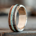 The Solstice | Men's Gold Wedding Band with Meteorite, Dinosaur Bone & Turquoise