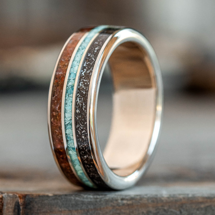 The Solstice | Men's Gold Wedding Band with Meteorite, Dinosaur Bone & Turquoise
