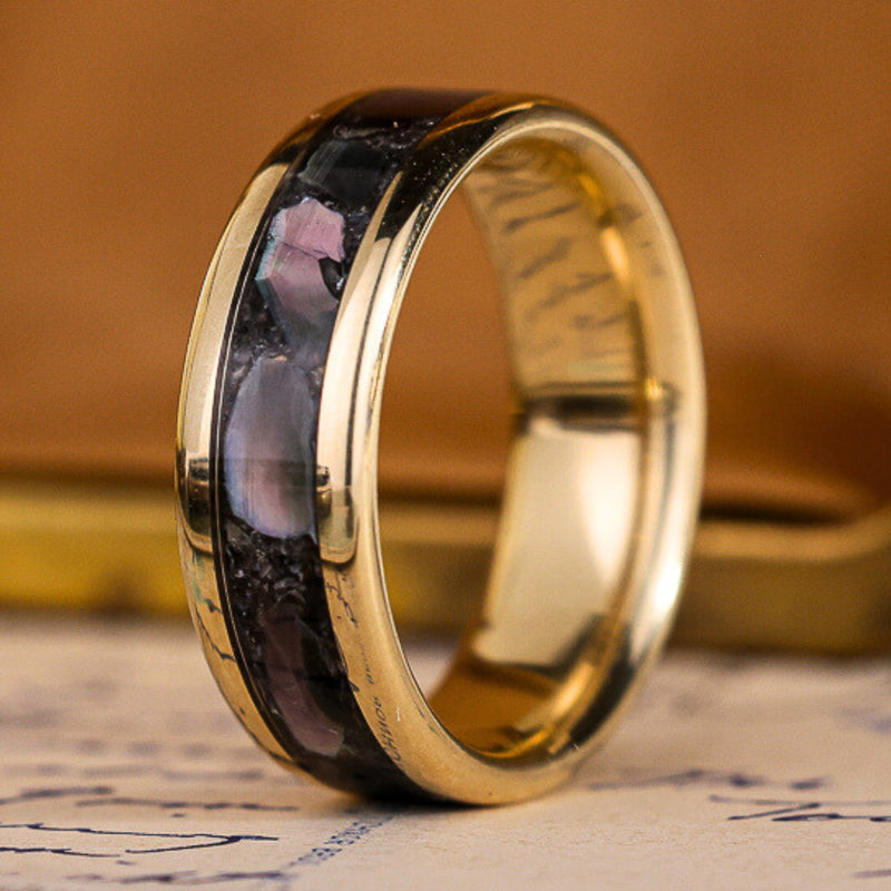 The Dark Tide | Men's Gold Wedding Band with Black Mother of Pearl