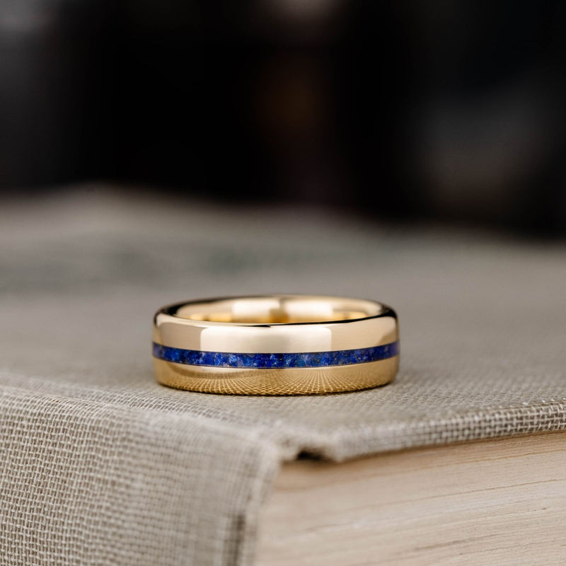 mens-gold-wedding-band-blue-lapis-lazuli-center-inlay-the-caspian-rustic-and-main