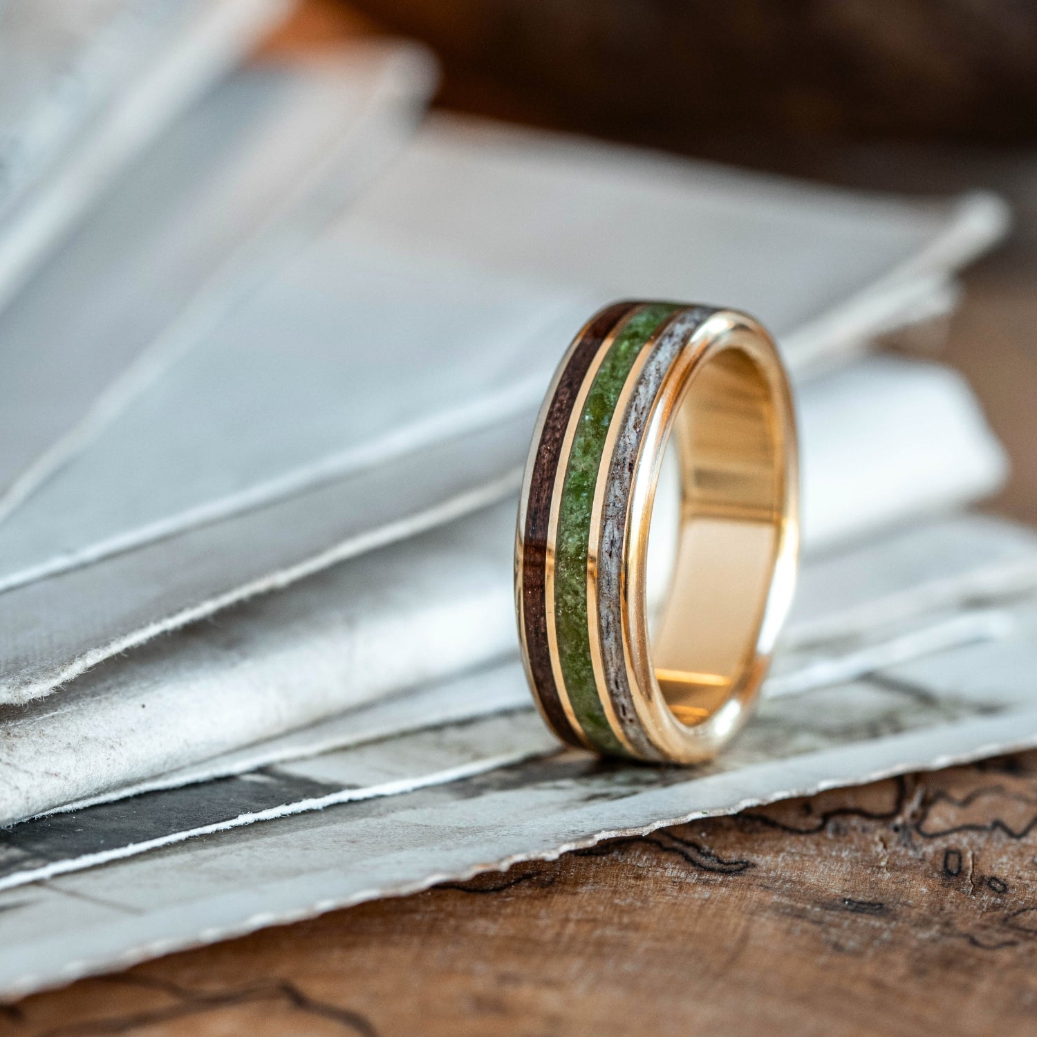 The Lore | Men's Gold Wedding Band with Antler, Diopside, & Wood The Lore | Men's Gold Wedding Band with Antler, Diopside, & Wood