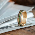 The Lore | Men's Gold Wedding Band with Elk Antler, Green Imperial Diopside & Antique Walnut Wood