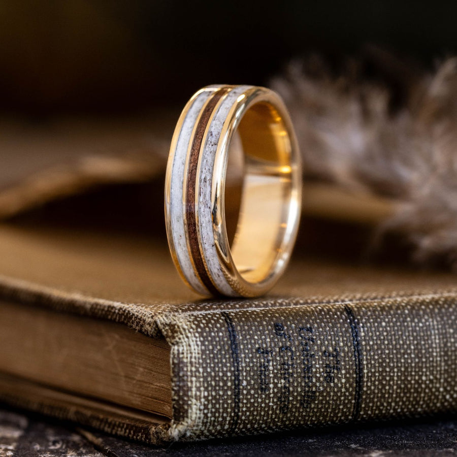 :: Shown in 14k Yellow Gold & Light Elk Antler | 7mm Wide