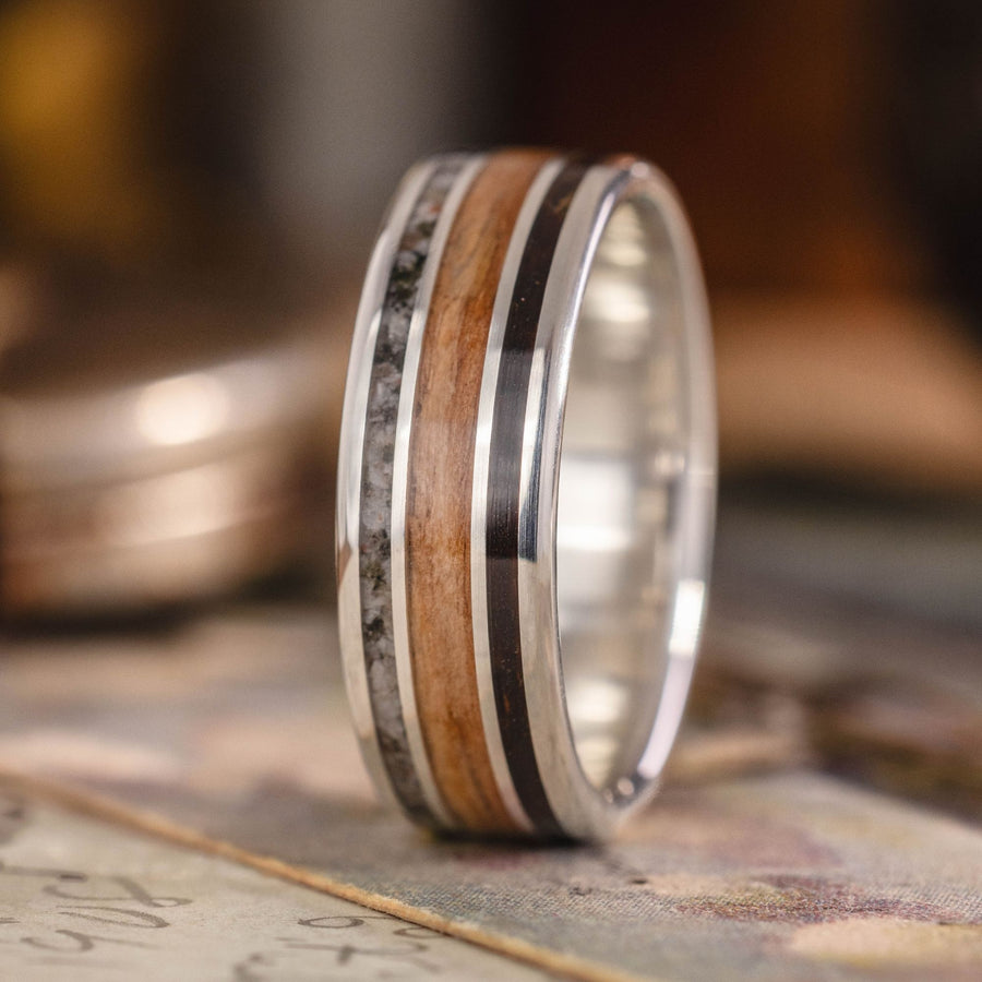 mens-gold-wedding-band-lamb-hide-bethlehem-olive-wood-emberlite-the-boaz-rustic-and-main :: Shown in 8mm Wide | White Gold