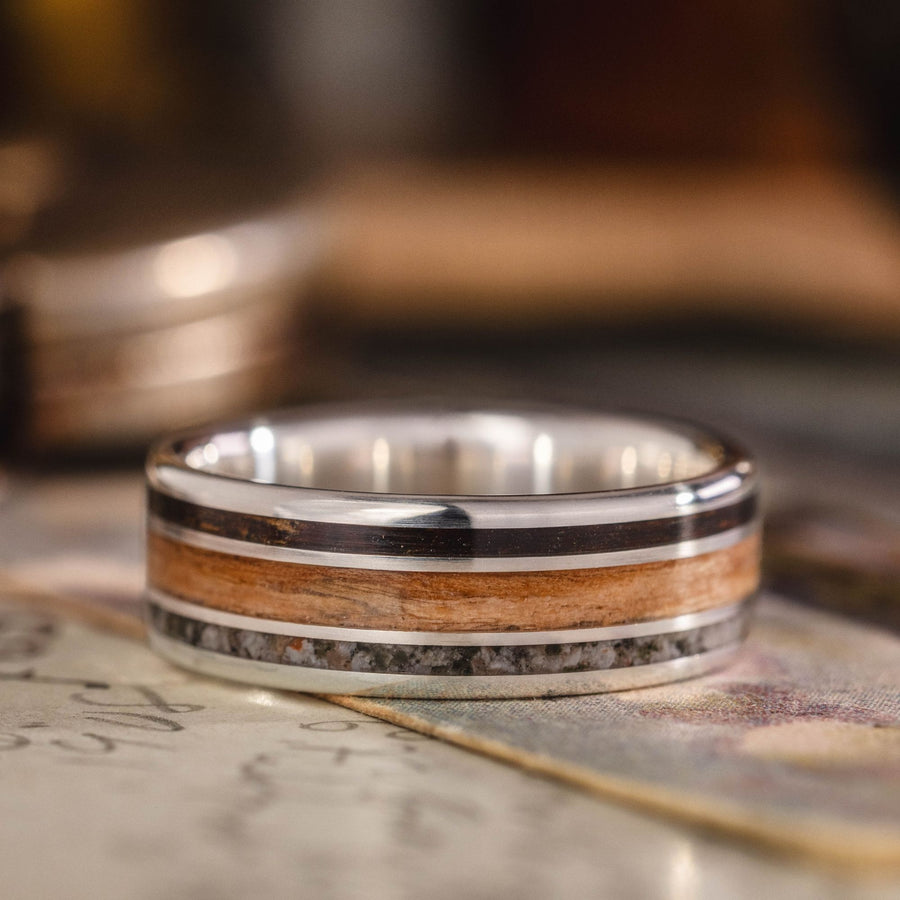 mens-gold-wedding-band-lamb-hide-bethlehem-olive-wood-emberlite-the-boaz-rustic-and-main :: Shown in 8mm Wide | White Gold