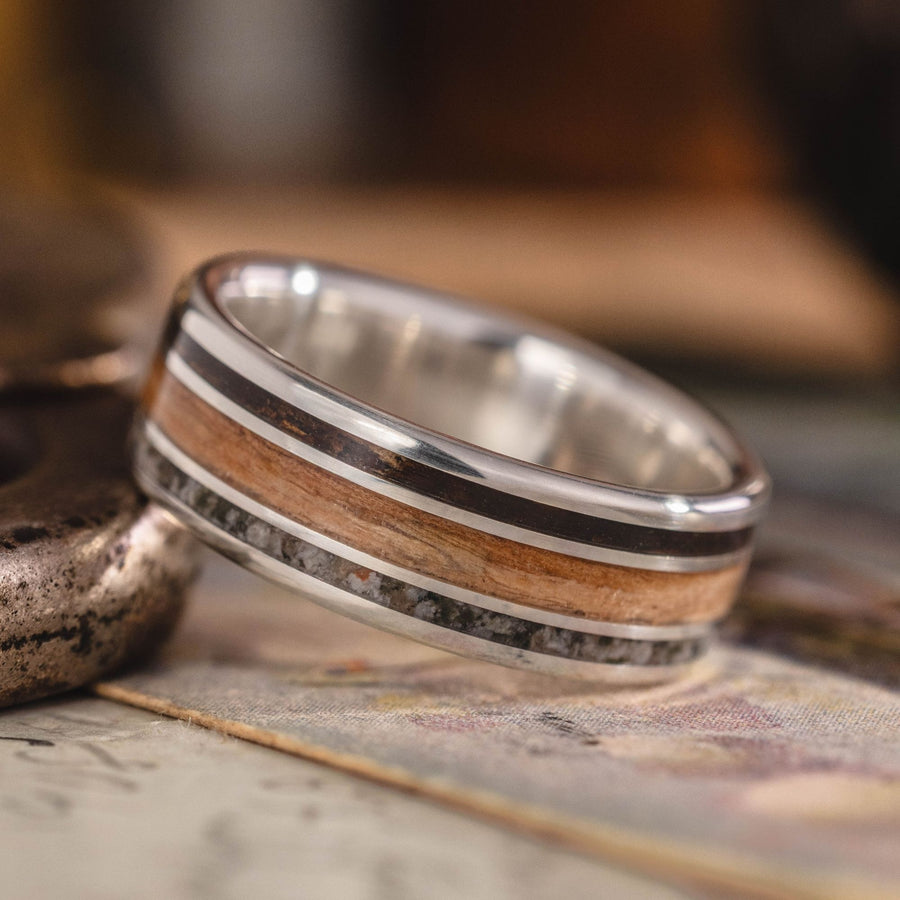 mens-gold-wedding-band-lamb-hide-bethlehem-olive-wood-emberlite-the-boaz-rustic-and-main :: Shown in 8mm Wide | White Gold