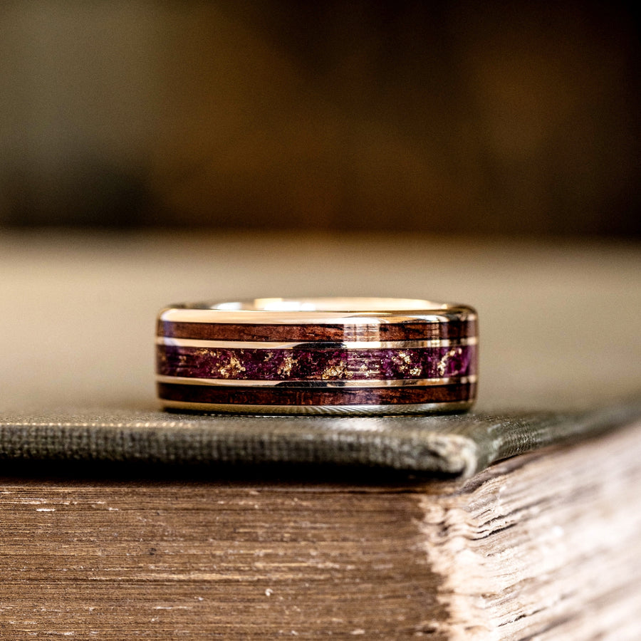 The Rifleman's Rose | Men's Gold Wedding Band with M1 Garand Rifle Stock Wood & Roses
