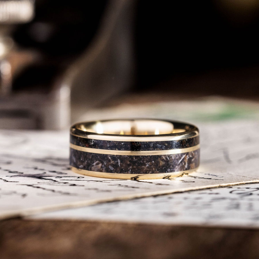 mens-gold-wedding-band-megalodon-tooth-black-volcanic-sand-the-origin-rustic-and-main