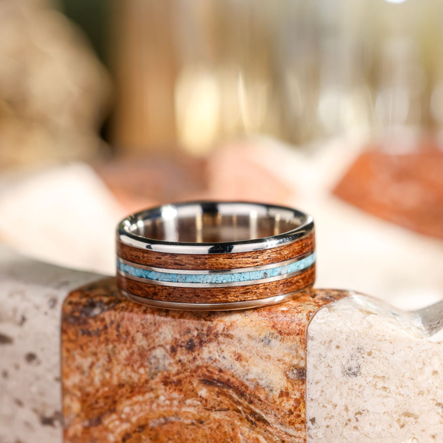 The Arizonan | Men's Gold Wedding Band with Turquoise and Mesquite