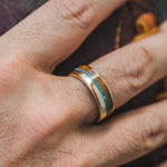 The Reeves | Men's Gold Wedding Band with Whiskey Barrel & Turquoise