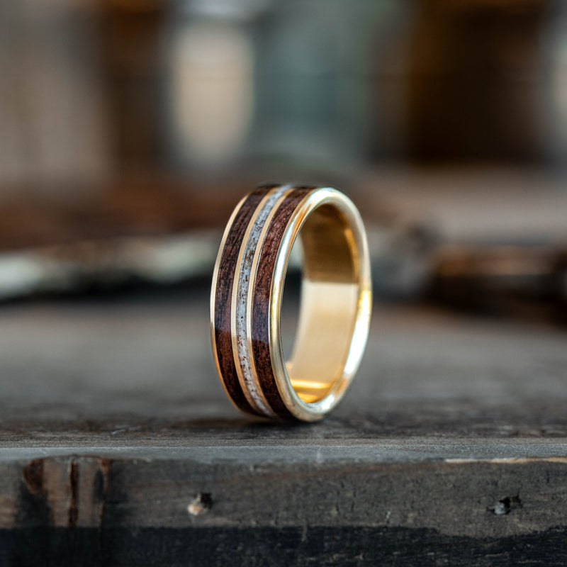     mens-gold-wedding-band-yellow-gold-elk-antler-ring-stag-rustic-and-main