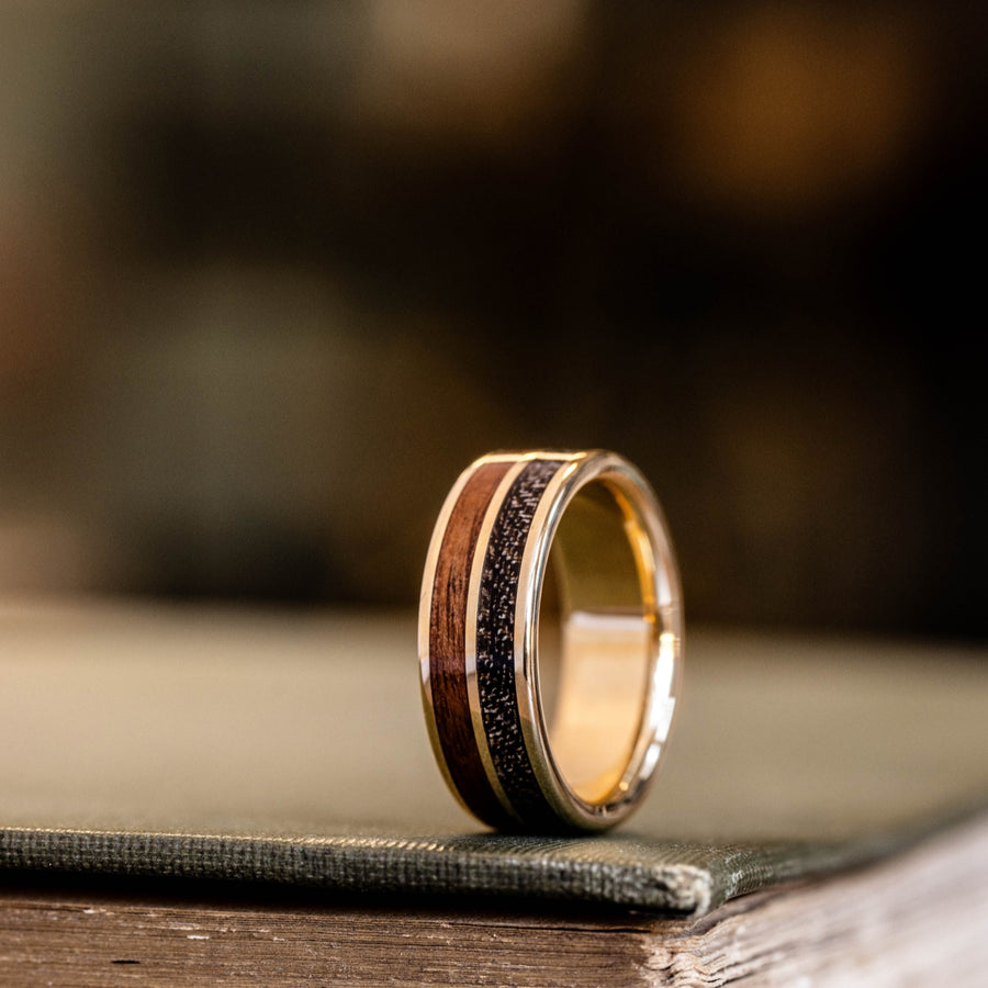 The Great War Gold | Men's Gold Wedding Band with 1903 Springfield Rifle Stock Wood & WWI Uniform
