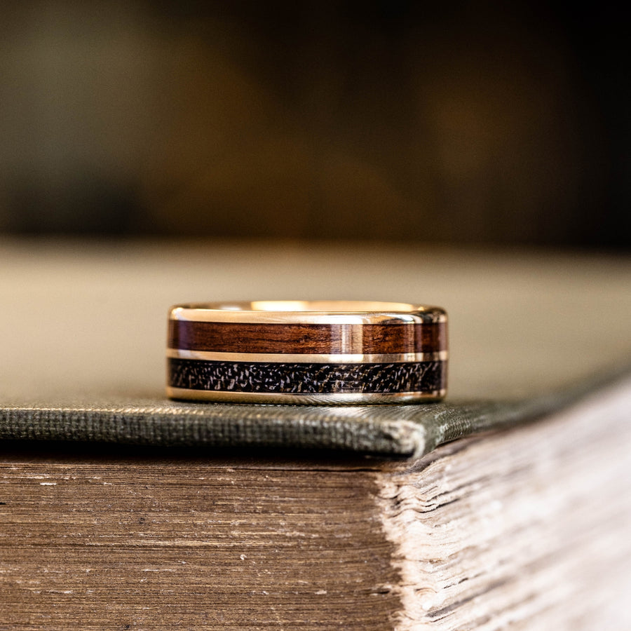 The Great War Gold | Men's Gold Wedding Band with 1903 Springfield Rifle Stock Wood & WWI Uniform