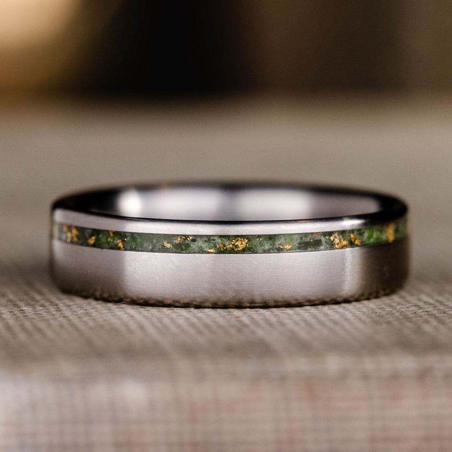 mens-high-polished-titanium-wedding-band-green-imperial-diopside-gold-flakes-rustic-and-main