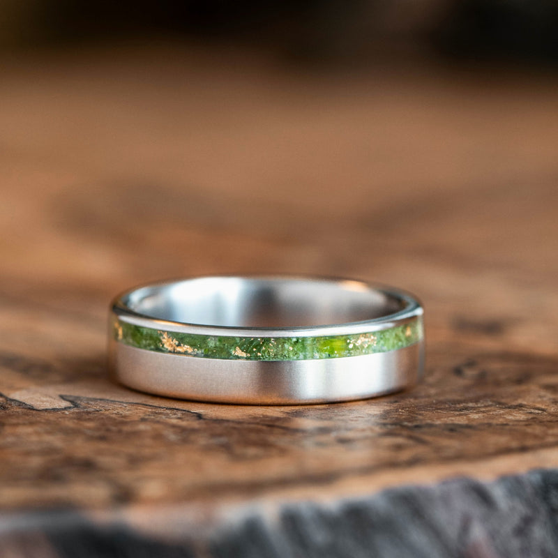 The Fairbanks | Men's High Polish Titanium Wedding Band with Green Imperial Diopside & Gold Flakes Offset Inlay